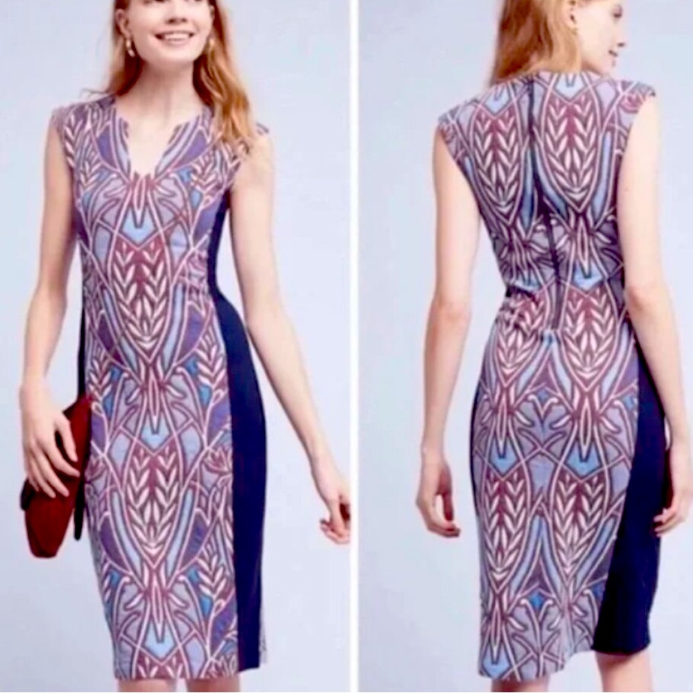 Anthropologie HD in PARIS Cleo Jacquard Midi Sheath Dress in Blue/Purple/White